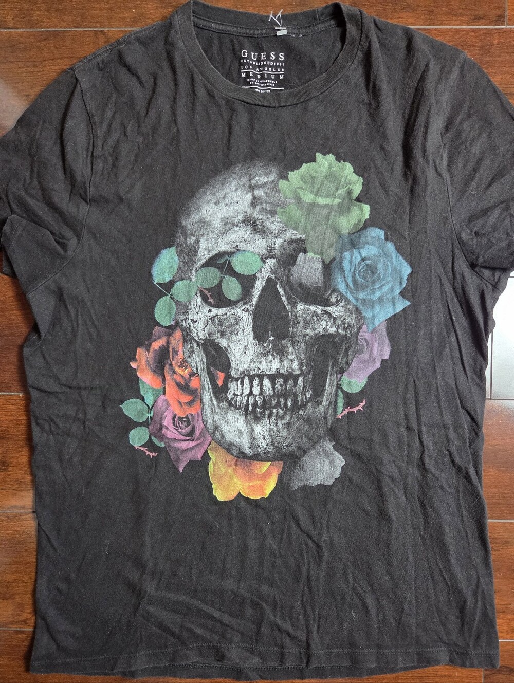 GUESS Black Short Sleeve Tee with Colorful Skull & Floral Graphic
